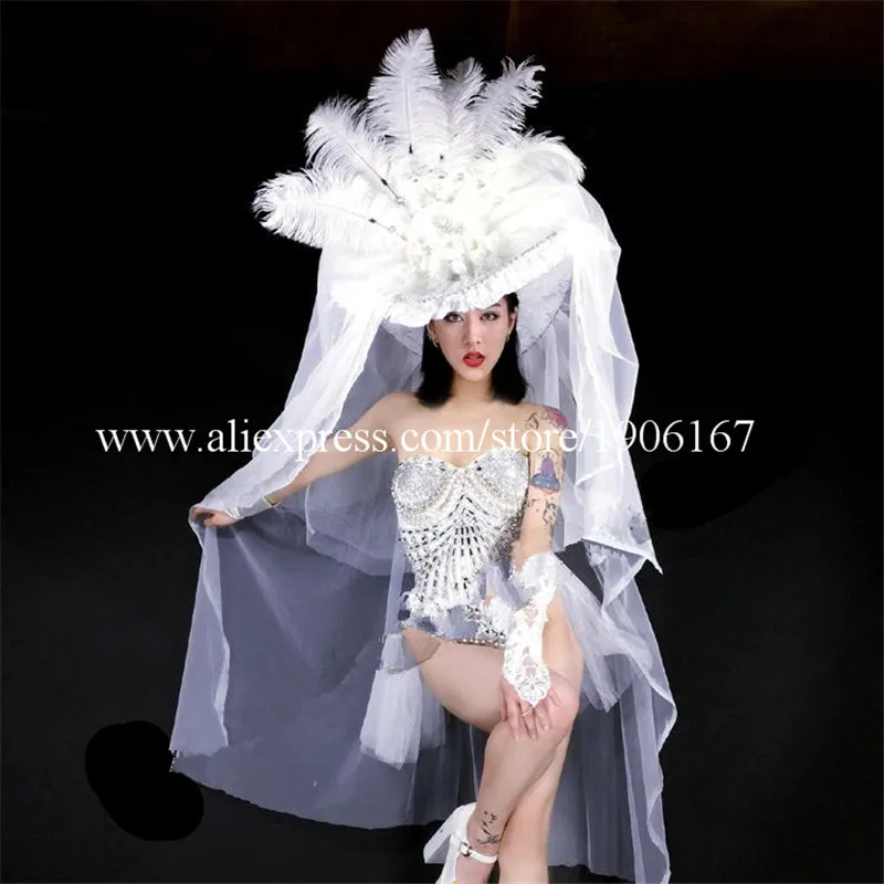 Fashion Sexy Lady Nightclub DS Christmas Costume With Hat Dance Team Female Singer Party White Evening Dress