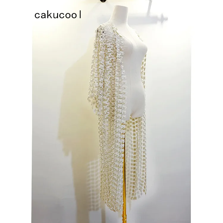 

Cakucool Women Luxury Pearl Beading Long Coat Casaca Hollow Out Lace Floral Bling Clothes High-end Korean Cardigans Large Femme