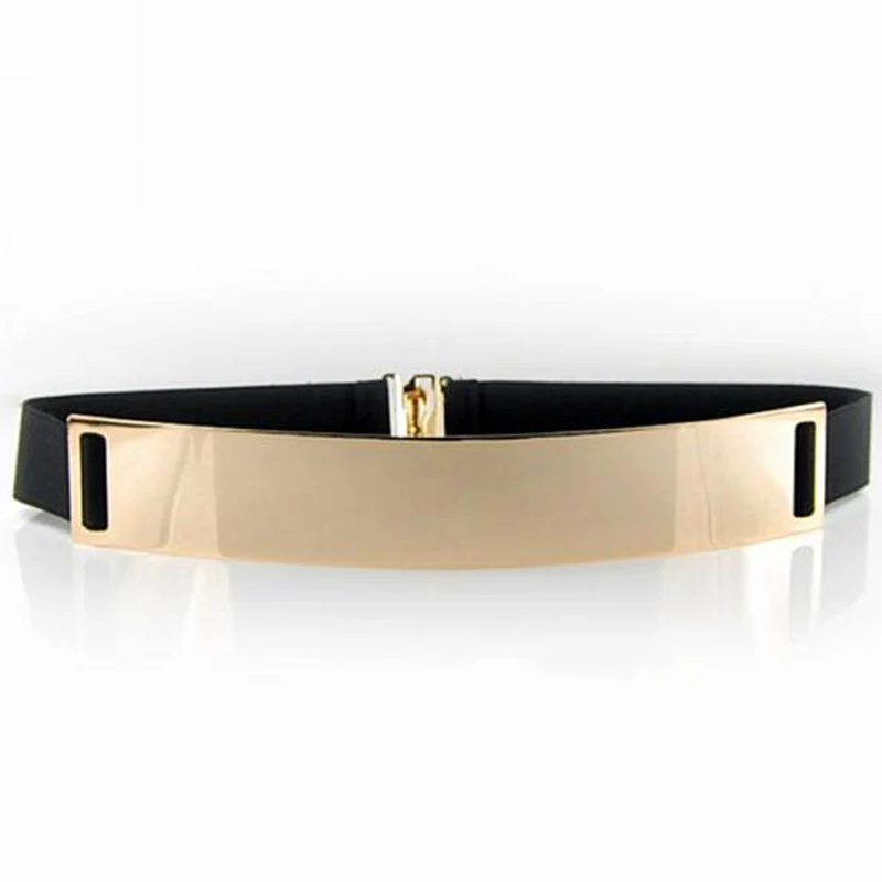 

New Fashion Beige Women's Waist Band Elastic Mirror Metal Waist Belt Leather Metallic Bling Gold Plate Wide Obi Band Accessory