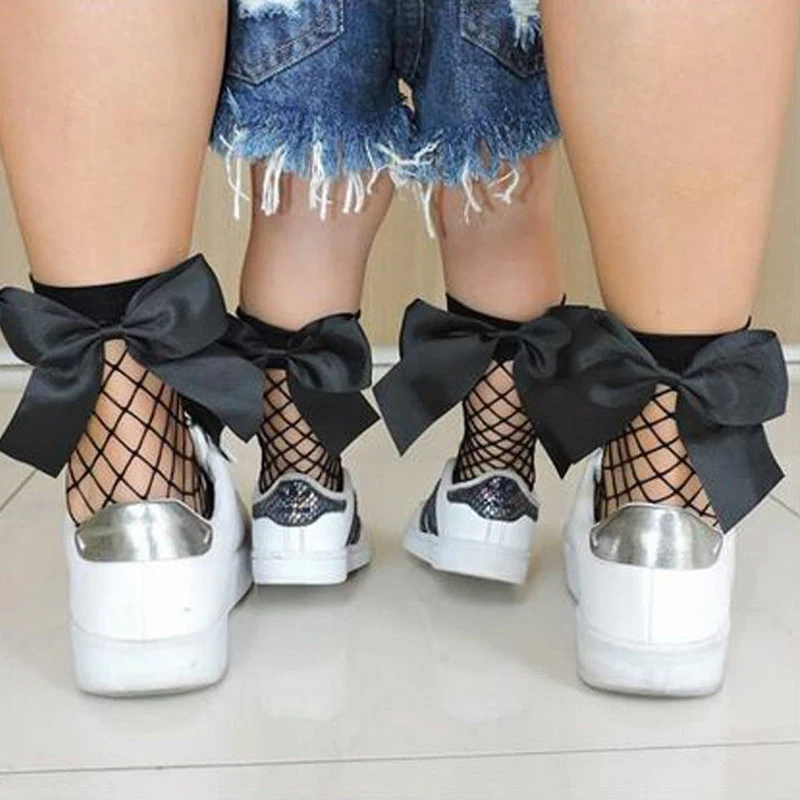 Casual Stretch Sheer Vintage Ruffle Bow-knot Fishnet Ankle High Socks Kids Socks Mesh Comfort Socks