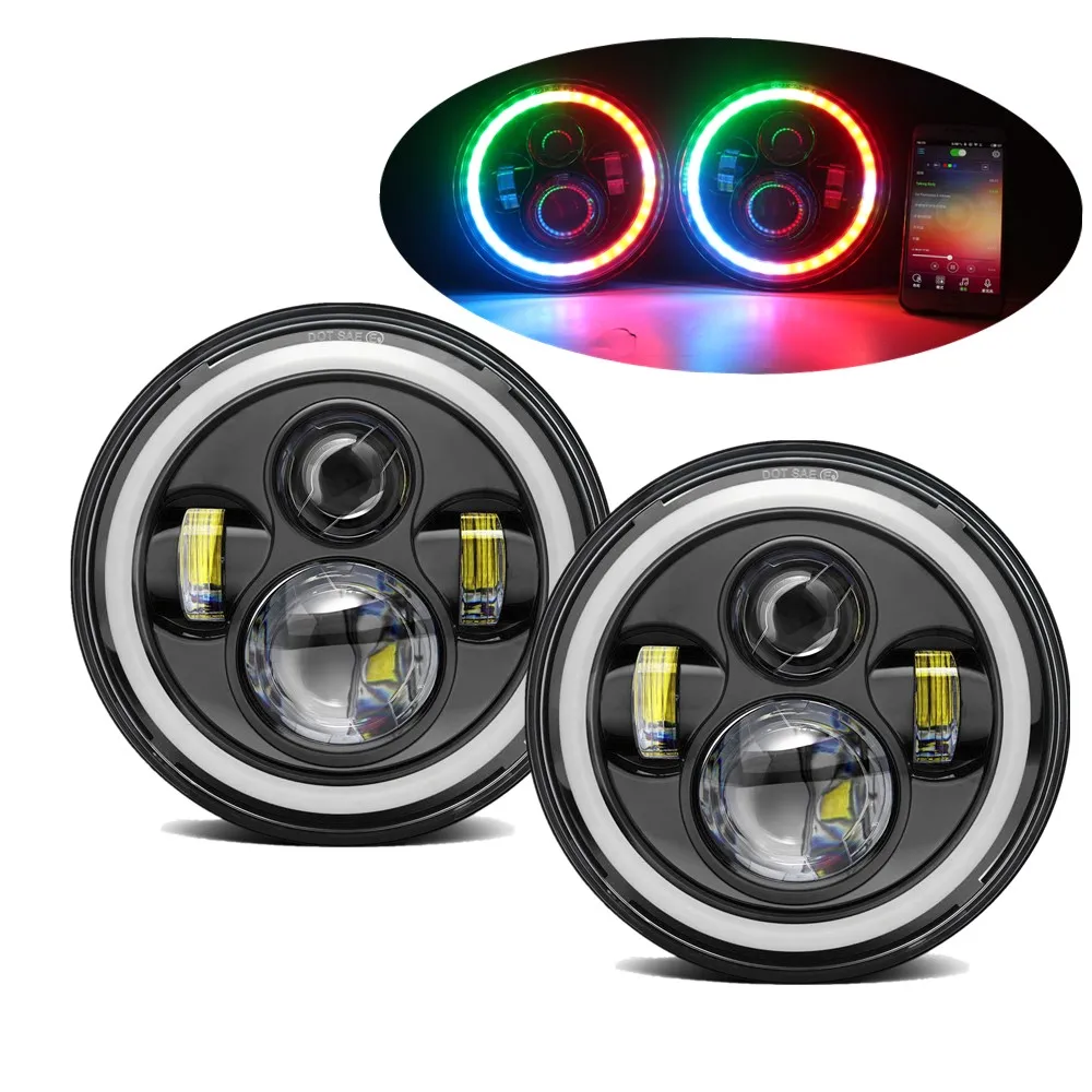 

7" LED Headlight App Bluetooth Control Chasing Color RGB Halo for Jeep Wrangler JK LJ CJ Hummer H1 H2 Headlights 7 Inch