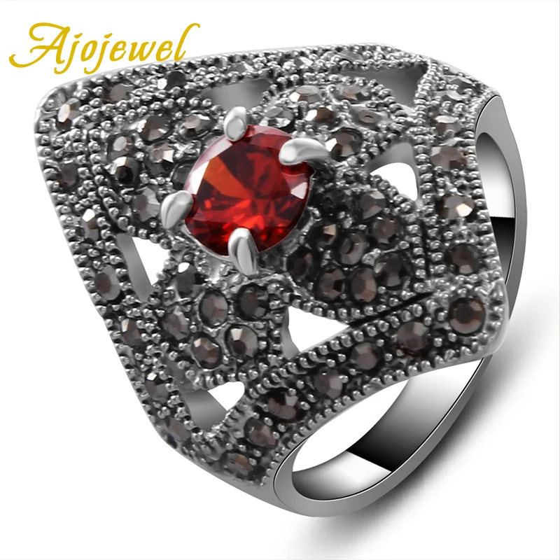 Ajojewel AAA Cubic Zirconia Vintage Flower Ring Black Rhinestone Geometric Jewelry Finger