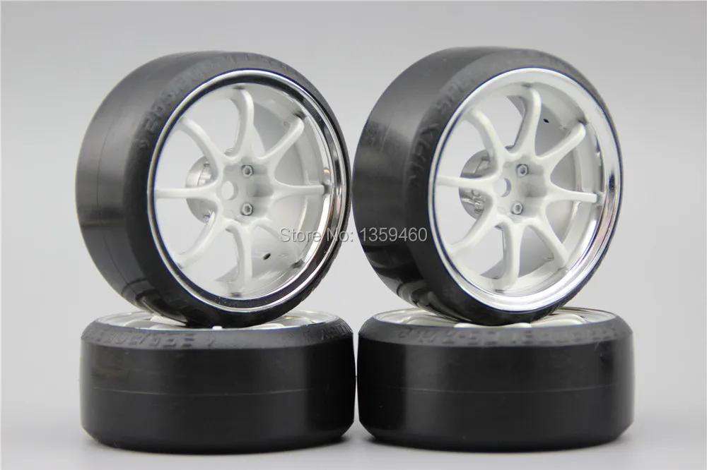 Pre-Glued 4pcs RC CS-R Drift Tires Tyre Wheel W8S1CW 3mm offset (Chrome+Painting White) With Silencing Sponge For 1/10 drift