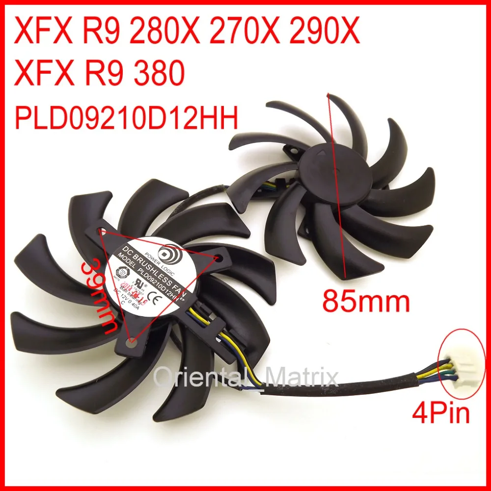 2pcs/lot PLD09210D12HH DC12V 0.40A 85mm 39*39*39mm 4Pin For XFX R9 380 280X 270X 290X Graphics Card Cooling Fan