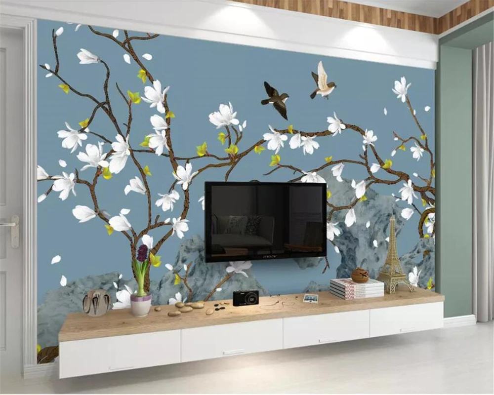 Beibehang Custom 3d wallpaper white magnolia hand-painted pen and flower Bedside table background wall decorative 3d wallpaper