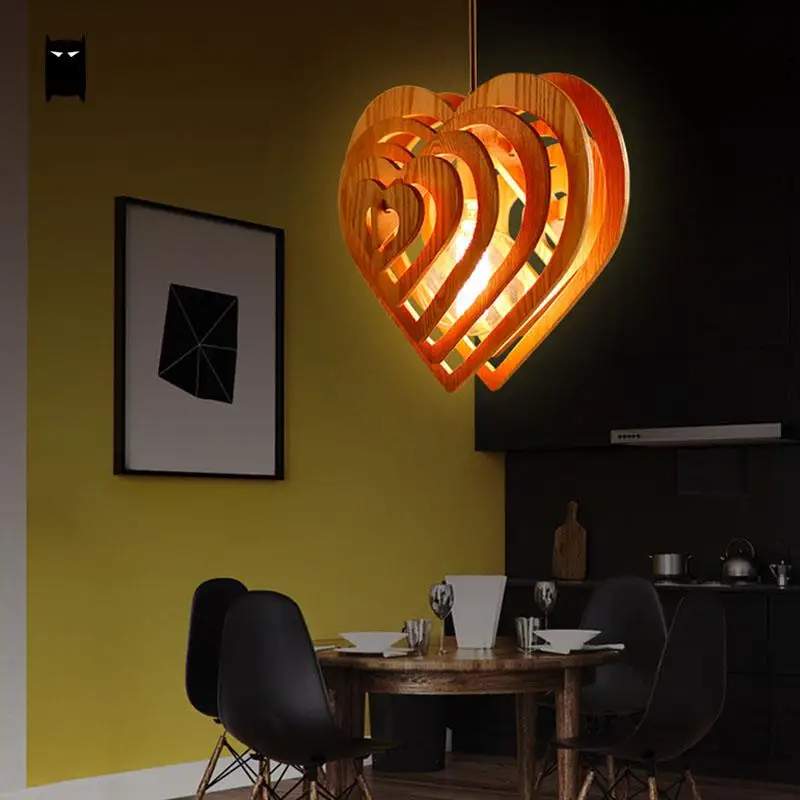 Wood Heart Shape Pendant Light Fixture Nordic Creative Novelty Hanging Ceiling Lamp Plafon Avize Luminaria Foyer Dining Room