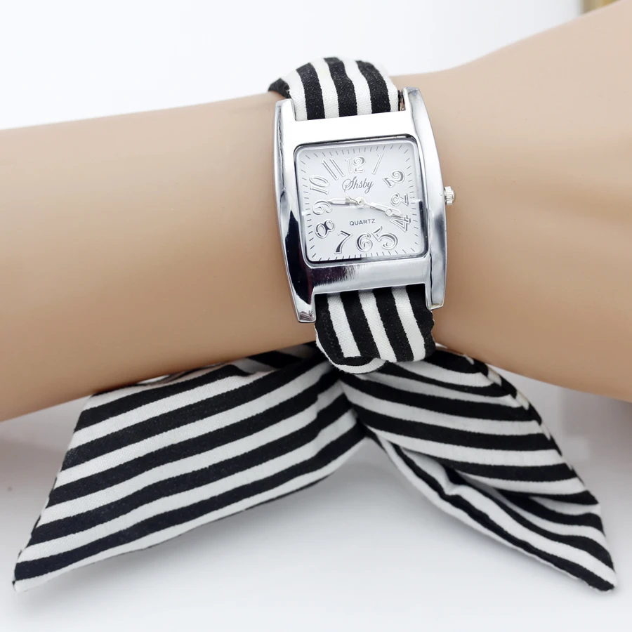 shsby brand new Ladies Concise stripe cloth wristwatch women dress watches high quality fabric watch sweet girls Bracelet watch