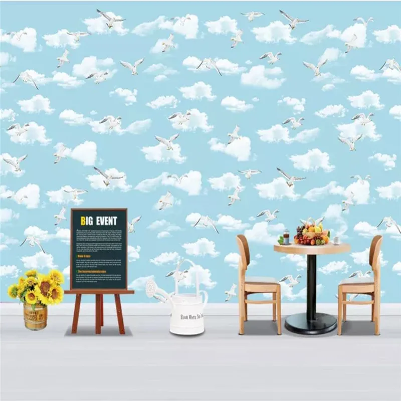 

Custom wallpaper dream 3d blue sky white clouds seagull children's room background wall high-grade waterproof material