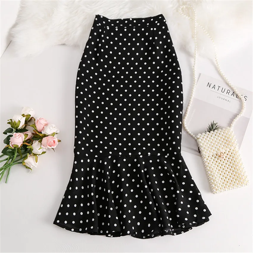 Gowyimmes 2019 Summer Women Black Dot Chiffon Skirt Elegant Lady High Waist Mermaid Skirts Slim Midi Long Hip Pakadge Skirt 340