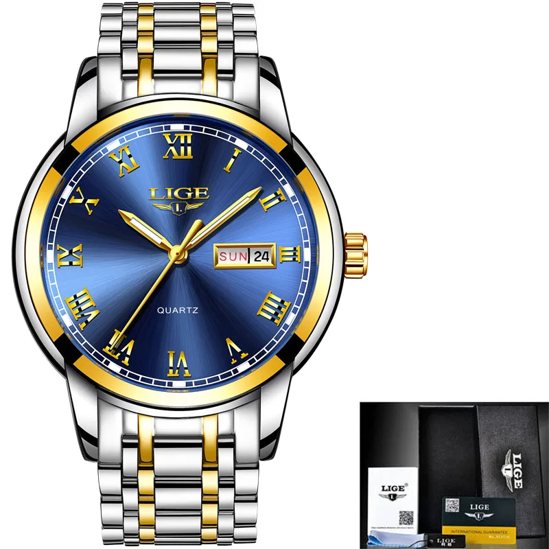 LIGE Luxury Brand Men Stainless Steel Gold Watch Men\'s Quartz Clock Man Sports Waterproof Wrist Watches relogio masculino