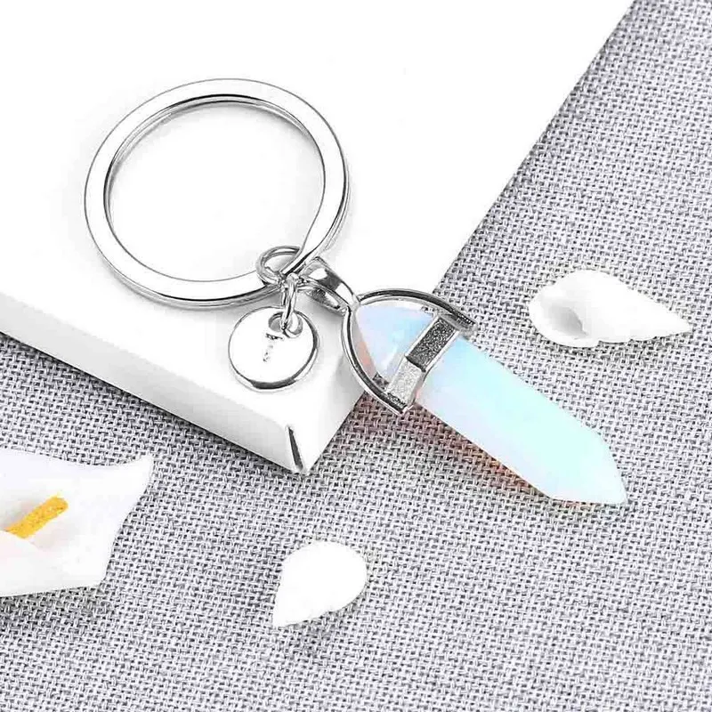 Natural Stone Pendant Keychain Natural Quartz Stone 26 letter Pink Crystal good luck Key Chains Accessories Jewelry Gift