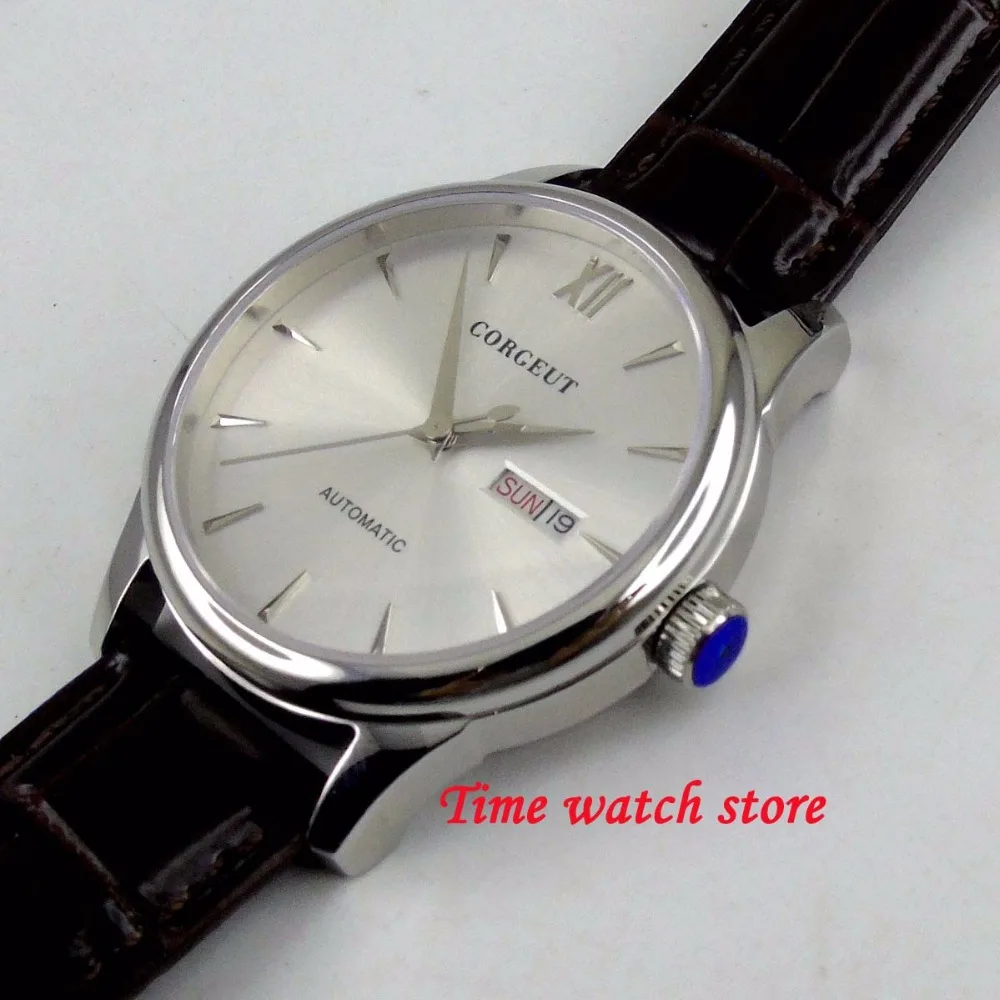 40มม.Silver Dial Miyota 8205 Movement นาฬิกาผู้ชายอัตโนมัตินาฬิกาข้อมือ Sapphire Glass วันที่สัปดาห์สายหนัง