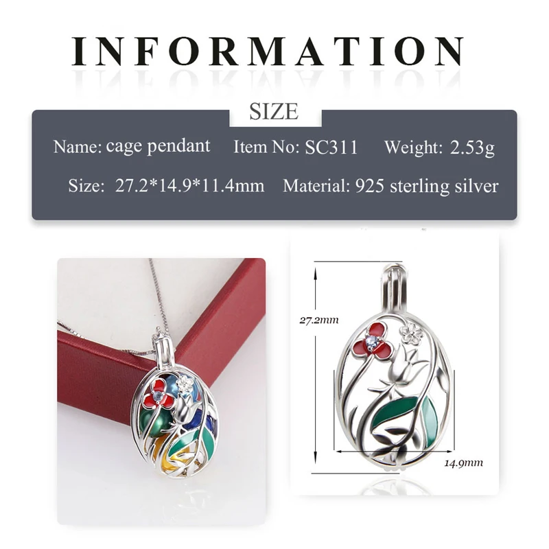 CLUCI 925 Sterling Silver Cage Pendant Beautiful Flower Oval Pendant Women Zircon Gemstone Pendant Wish Pearl Locket SC329SB