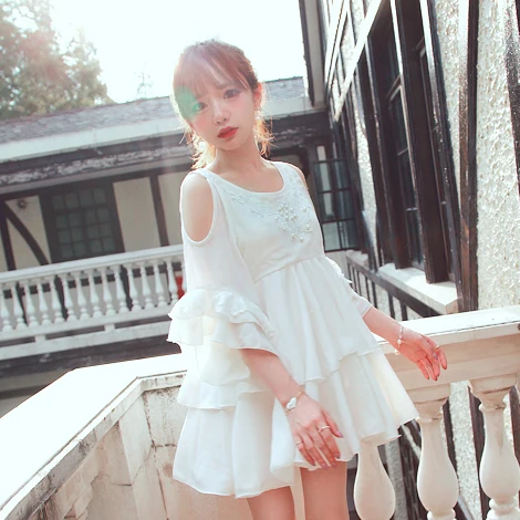 

Princess sweet lolita dress BoBON21 Early autumn new water drop Dew shoulder off pearl Flower collar chiffon fairy dress D1237