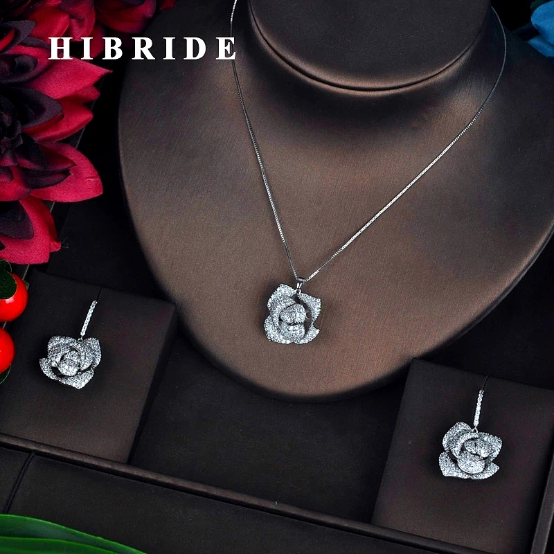 

HIBRIDE Luxury Silver Color Flower Pendientes Bridal Women Jewelry Sets Girls Earring Necklace Accessories Engagement Gift N-622