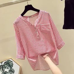 Striped Shirt Female New Summer Chiffon Loose V Collar Blouse Clothes Three Quarter Sleeved Casual Fashion Girl Top Shirts H9006