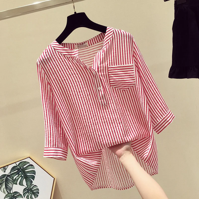 Camicia a righe Femminile Nuova Estate Chiffon Allentato V Del Collare della Camicetta Dei Vestiti Dei Tre Quarti Maniche Lunghe Casual Della Ragazza di Modo Top Camicette H9006