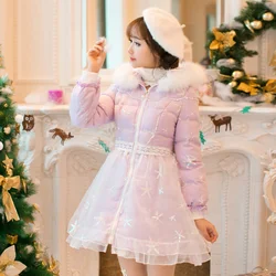 Princess sweet lolita white dress Candy rain Japanese design Sweet long sleeve hooded cotton Slim lace coat C16CD6245