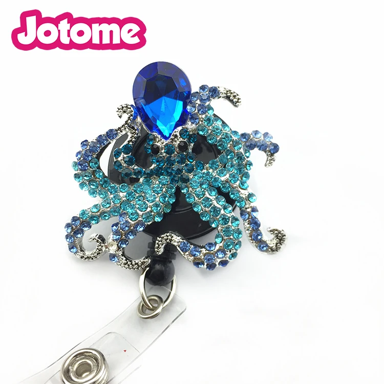 

Bling Rhinestone Octopus Pattern Blossom Decorated Retractable Badge Reel ID Holder with Clip