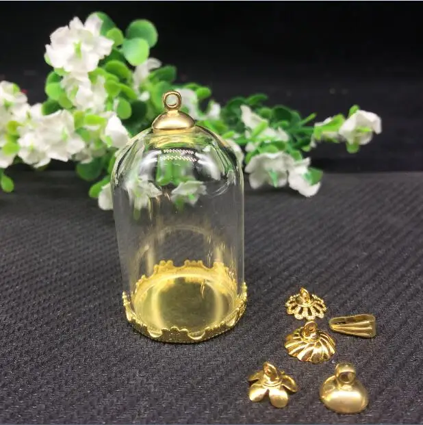 

20sets 38*25mm hanging glass globe gold crown base tray mixed beads cap vial pendant jewelry necklace handmade glass bubble