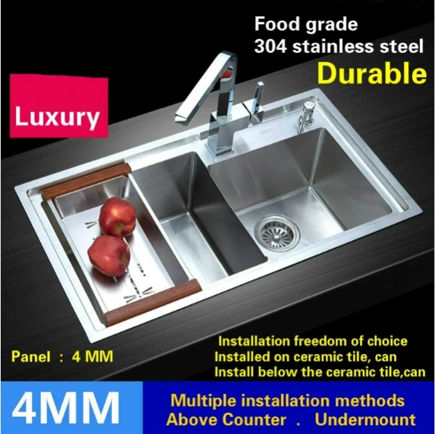 Free shipping Household kitchen manual sink double groove thick durable food gradest 304 stainless steel hot sell 780x430 MM