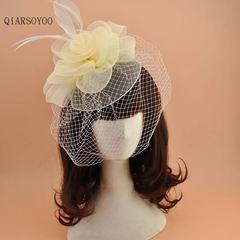 

Fashion White Beieg Black Mesh Flower Feather Metal Head Bands Ladies Party Show Bride Wedding Veil Net Fascinator Hat Headdress