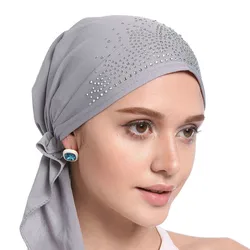 Fashion Muslim Headscarf Hat Thin Summer Women Inner Hijab Bonnet Solid Diamond Turban Caps India Head Wrap Hats For Lady