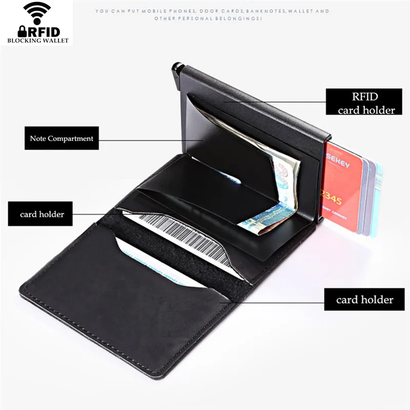 Hot Koop RFID Card Bescherming mannen Lederen Card Case Mini Portemonnee RFID Blokkeren Aluminium ID Credit Card Houder Voor man