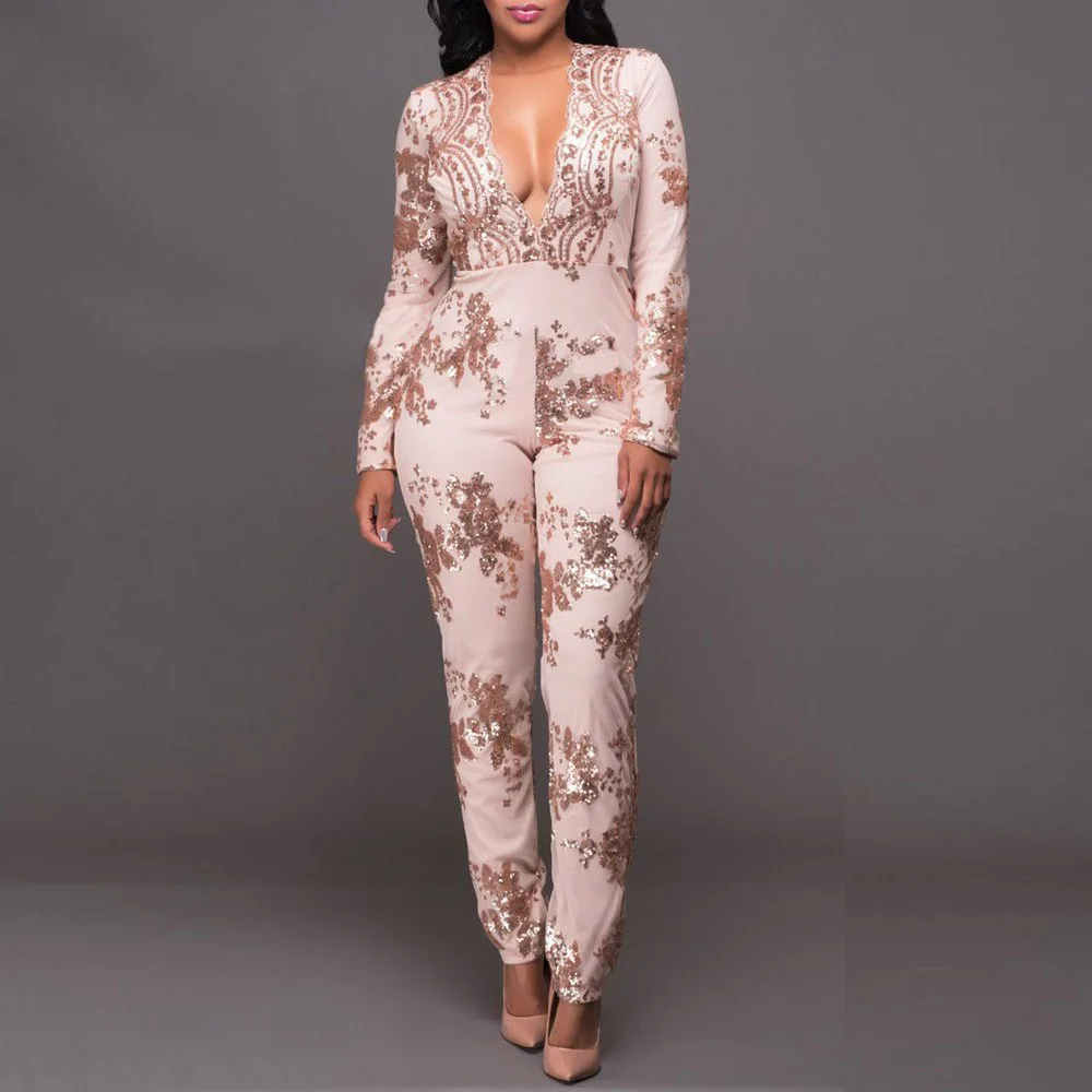 

New Fashion Sexy Slim V-Neck Bodycon Bandage Playsuit Khaki Zipper Sequined Women Bodysuit Bandage Jumpsuits Pencil Pants