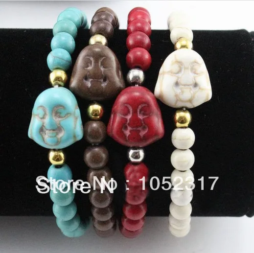 White Stone howlite Bead Silver Plated Carved Buddha head Bracelet Adjustable Beautiful Woman Party