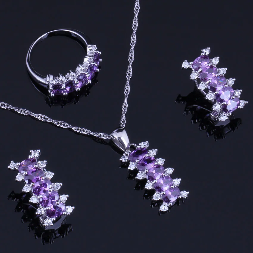 Sweet Purple Cubic Zirconia White CZ Silver Plated Jewelry Sets Earrings Pendant Chain Ring V0299