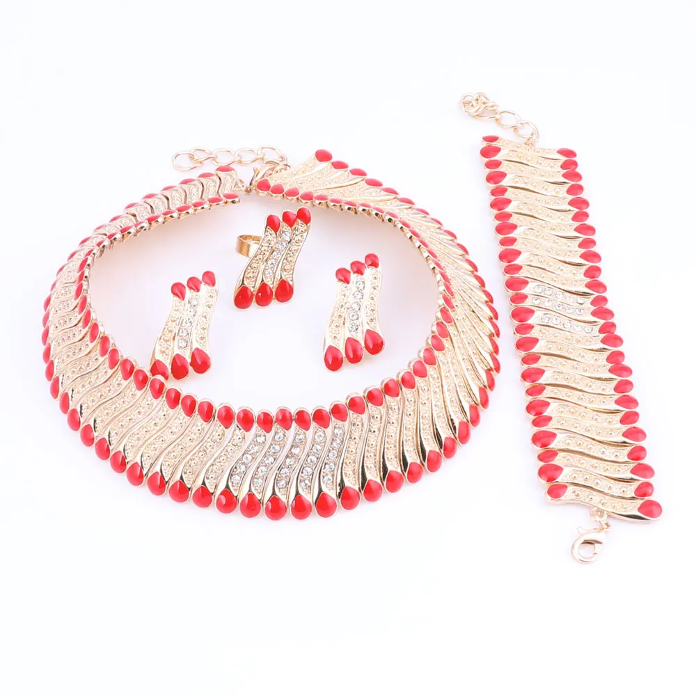 Women Dubai Gold Color Jewelry Sets Crystal Necklaces Earrings Ring Bracelet Wedding Party Accessories