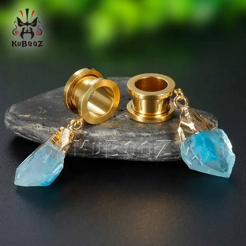 KUBOOZ Dangle Ear Plugs Piercing Tunnels Crystal Eardrop Body Jewelry Steel Screw Earring Gauges Expander Women Fashion Gift 2PC