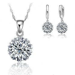 Trendy Women Jewelry Sets 925 Sterling Silver Color Cubic Zirconia Necklace Pendant Hoop Earrings Big Sale