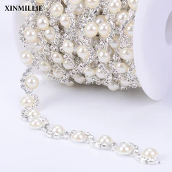 1 Yard Pearl Rhinestone Plating Silver Metal Flower Chain Crystal Sewing DIY Clothes Belt Shoes Bags Trim Garment Accessories