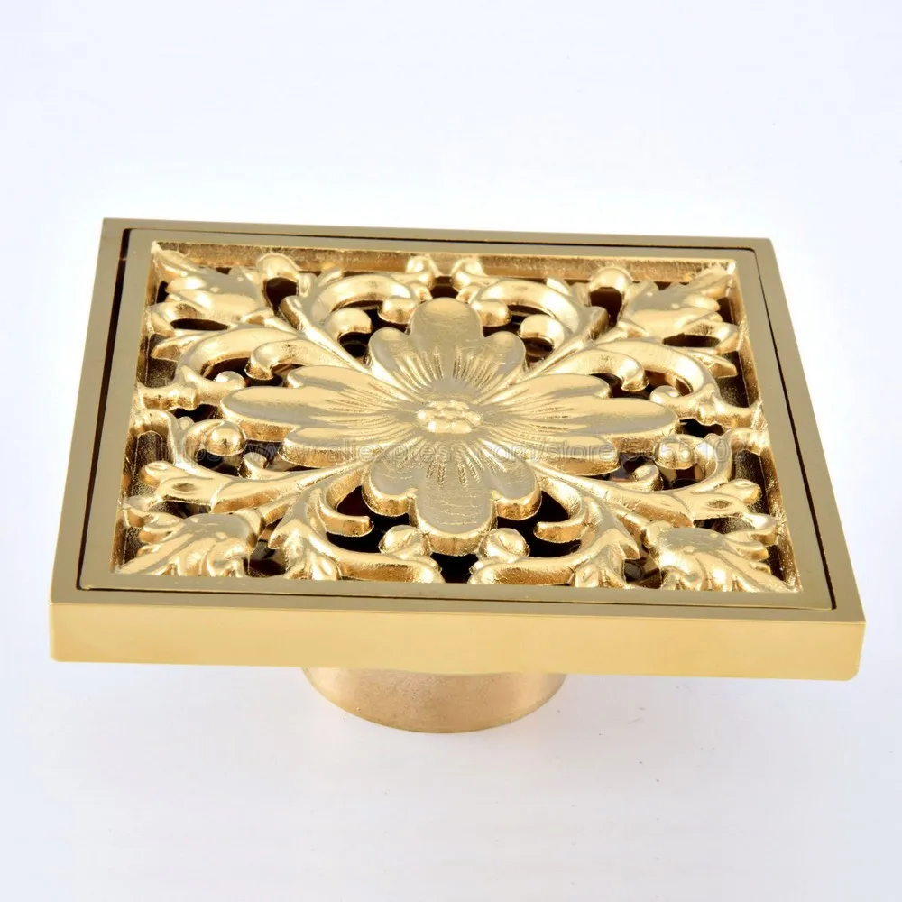 Shower Drains 10*10cm Square Bath Drains Strainer Hair Golden Brass Art Carved Bathroom Floor Drain Waste Grate Drain zhr085