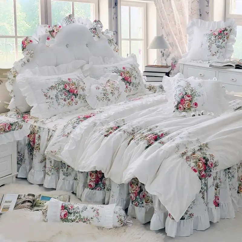 

Pastoral Princess White Bedding Set Luxury Korean Style Flower Print Ruffles Duvet Cover Bed Skirt Bedspread Pillowcases Cotton