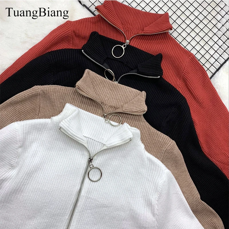 Women Zipper Turtleneck Thick Full Sleeve Autumn Sweater 2023 Spring Warm Knitted Pullovers Sweaters Solid Casual Ladies Jumper