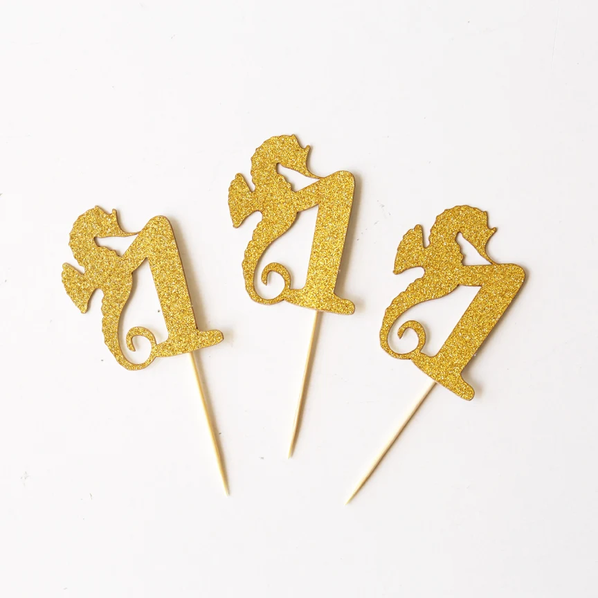 Seahorse Cupcake Toppers,Glitter gold first birthday Cupcake Topper, one Topper,  baby party cupcake topper