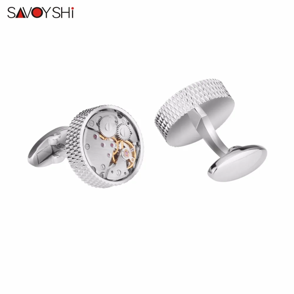 SAVOYSHI Mechanical Watch Movement Cufflinks for Mens Shirt Cuff button High Quality Silver color Round Cuff link Brand Jewelry