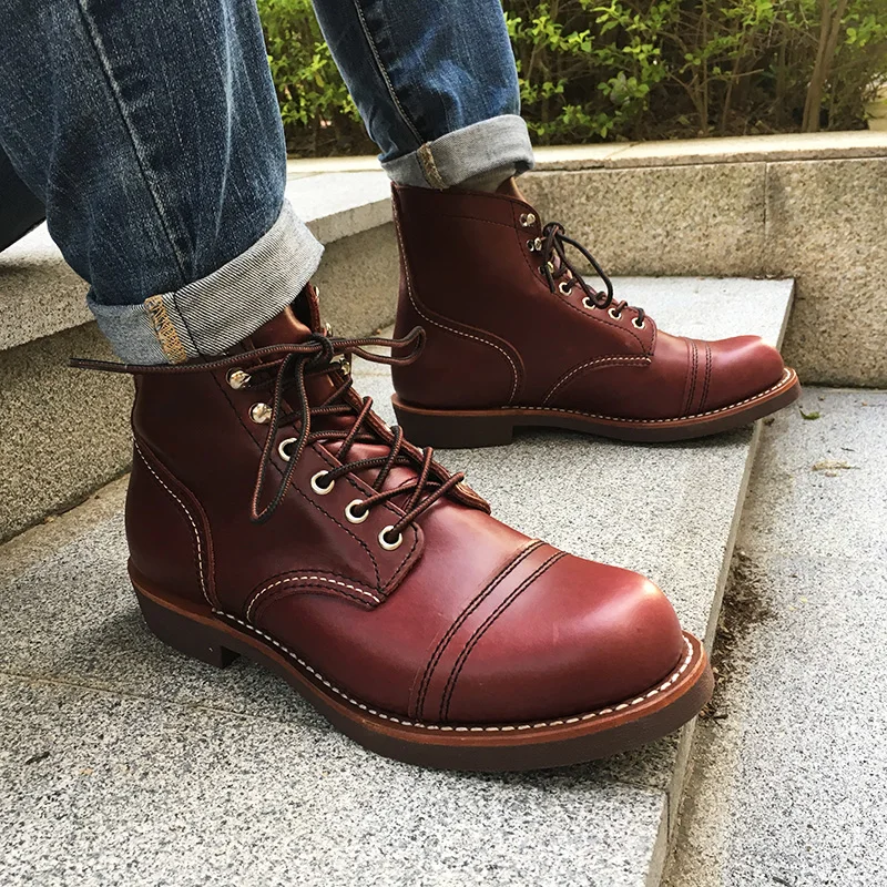 Genuine Leather Top Quality New Men Casual Shoes Luxury Designer British Autumn Winter Ankle Boots Wine Red Motorcycle Boots