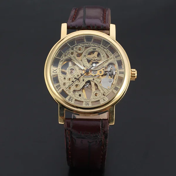 

WINNER Fashion New Golden Alloy Case Skeleton Mechanical Wristwatches Casual Red Brown Leather Band Waterproof Watch