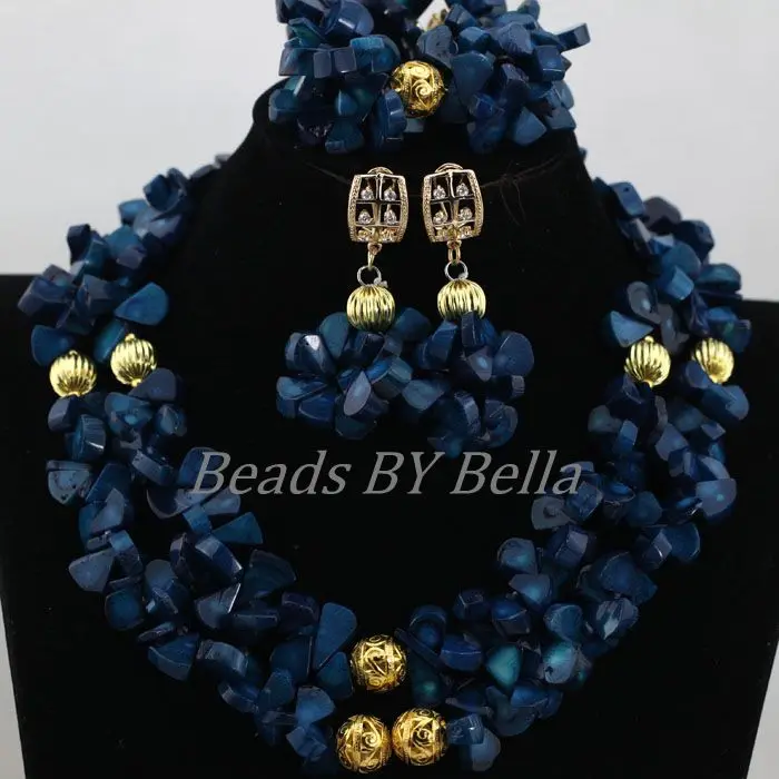 New Design Navy Blue Coral Beaded Necklace Set Fashion Costume Nigerian Wedding Bridal Jewelry Sets Free Shipping ABK670