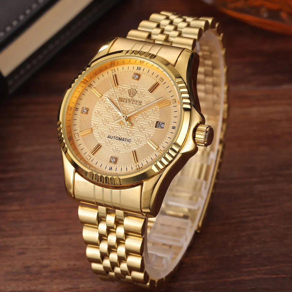Luxury Gold Fashion Mens Watches Casual Crystal Dial Date Automatic Mechanical Stainless Steel Sport Wrist Watches for men Gifts