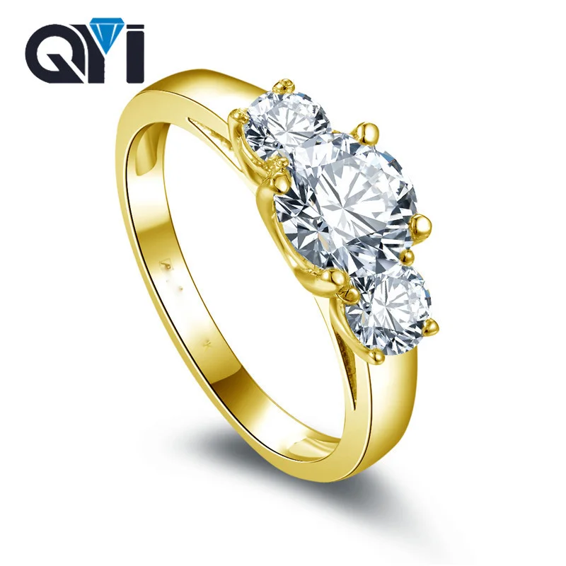 QYI 14 K 585 Gold Solid Yellow Three Stone Rings Women Round Cut Moissanite Diamond Engagement Wedding Band Ring