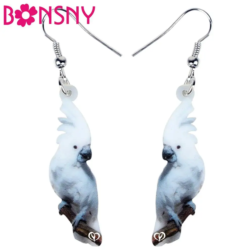 Bonsny Acrylic White Umbrella Cockatoo Bird Earrings Women Unique Animal Jewelry For Female Girls Pet Lovers Charms Lots Gift