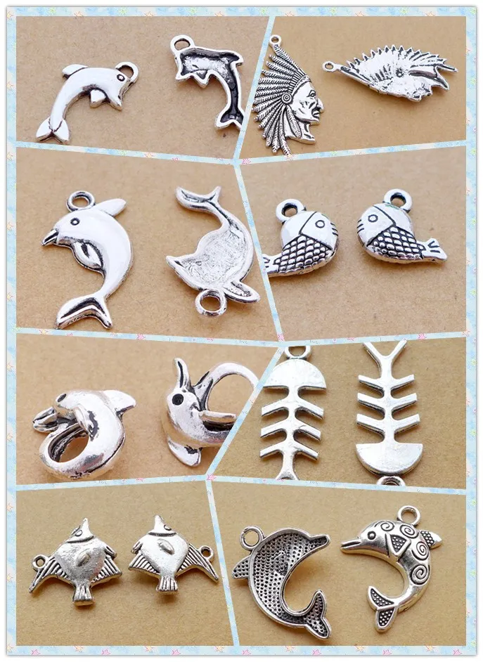 

fish shark dolphin fishbone alloy antique silver charm pendant choker DIY jewerly accessory 10styles 10/50/100pcs free shipping