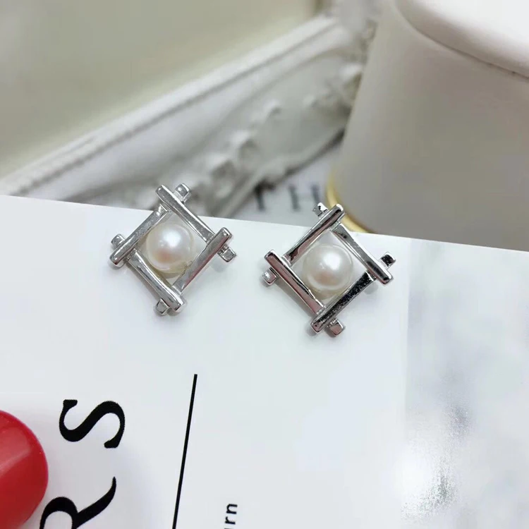 Classic Square Style Pearl Stud Earrings Holder S925 Sterlings Silver Pearl Earrings Jewelry Settings 3Pairs/Lot