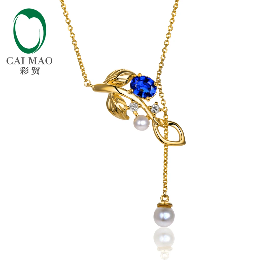 

Caimao Jewelry Natural 0.50ct Sapphire With Pearl and Diamond 14kt Yellow Gold Engagement Chain Pendant