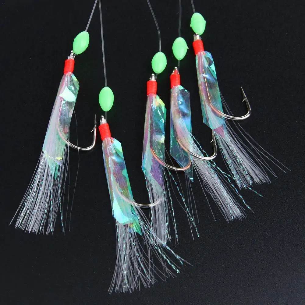 

5PCS Steel Carbon Mackerel Feathers Bass Cod Fishing Lures Sea Fishing Tackle Boat Luminous Fishing Hook Treble Fishing Lures